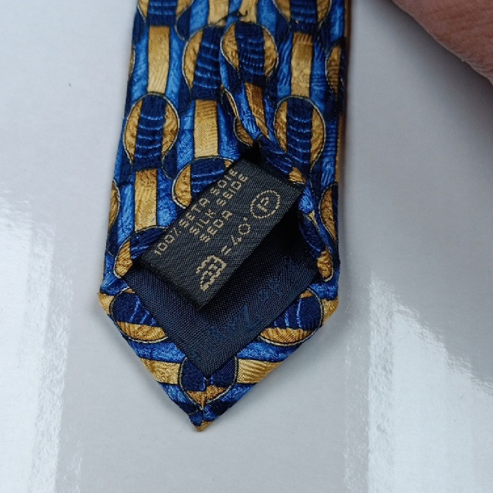 Ermenegildo Zegna Blue and Gold Patterned Men's Silk Tie - Picture 3 of 6